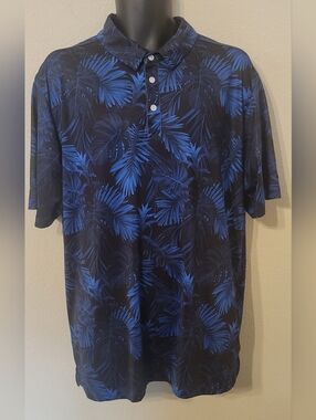 Yatta Men's Navy Polo with Blue Tropical Leaf Print